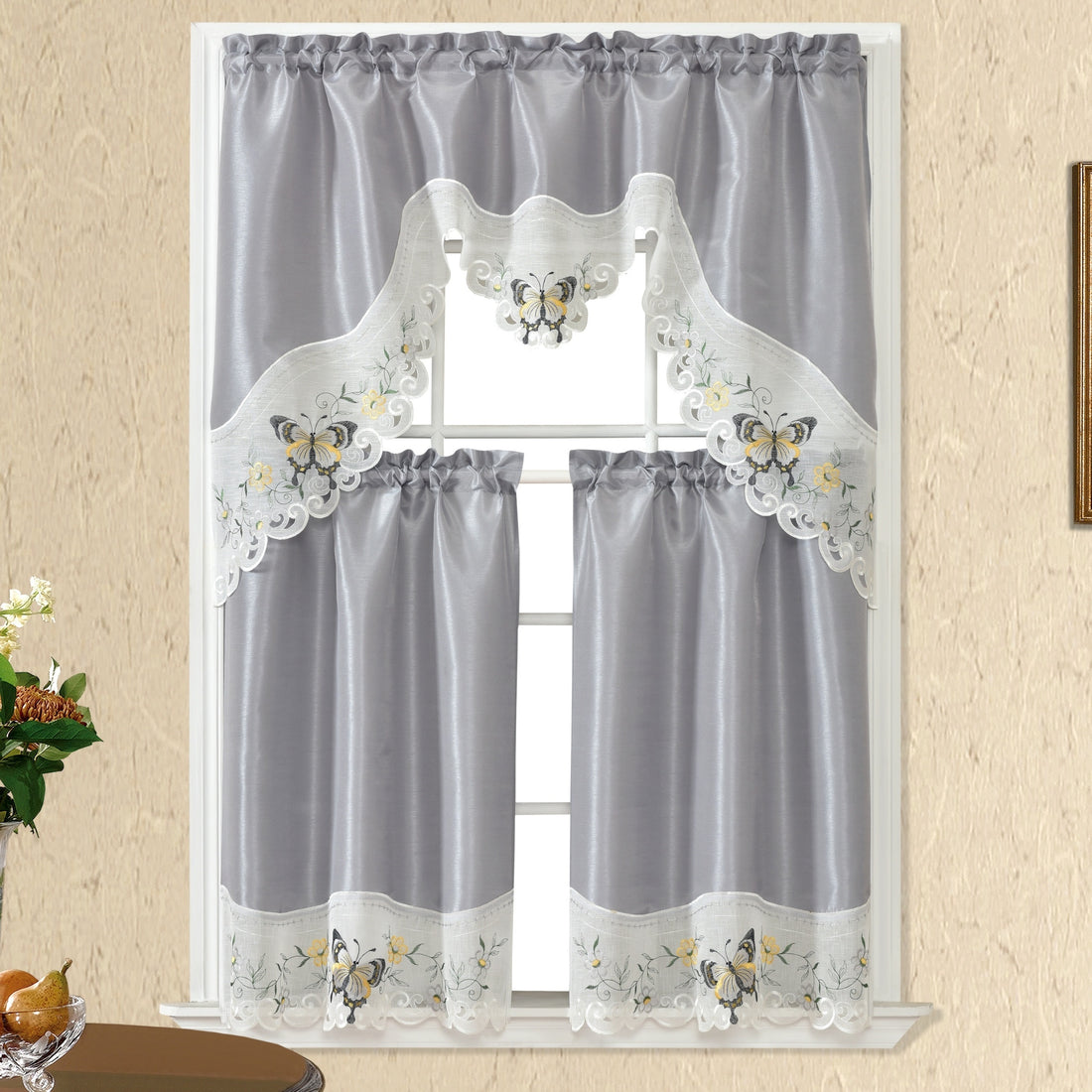 1 SET 3pcs/set Polyester plain fabric with beige floral lace, machine- pink blue gray burgundy butterfly pattern curtains, suitable for home decoration, bathroom, living room, bedroom, kitchen, outdoor decor, villa, wedding,