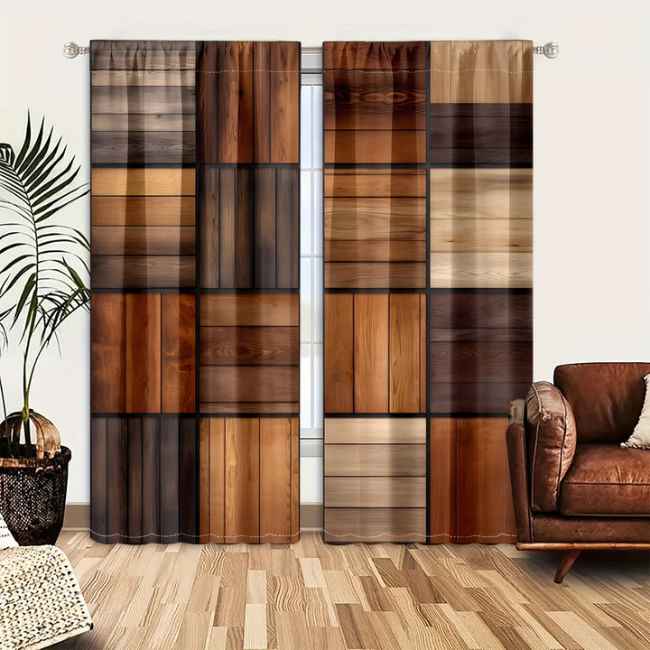 2pcs Set Vintage Wood Grain & Watercolor Floral Curtains - Rod Pocket, Semi-Transparent Privacy Drapes for Living Room and Bedroom Decor