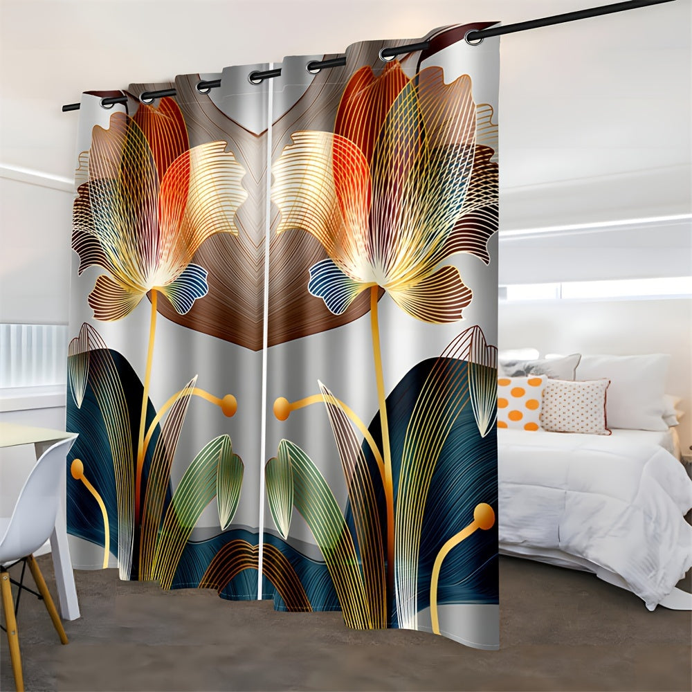 2pcs, Abstract Floral Golden Line Modern Floral Digital Printed Curtain Living Room Curtains, Grommet Top Curtains For Living Room Furniture Decoration Home Decor