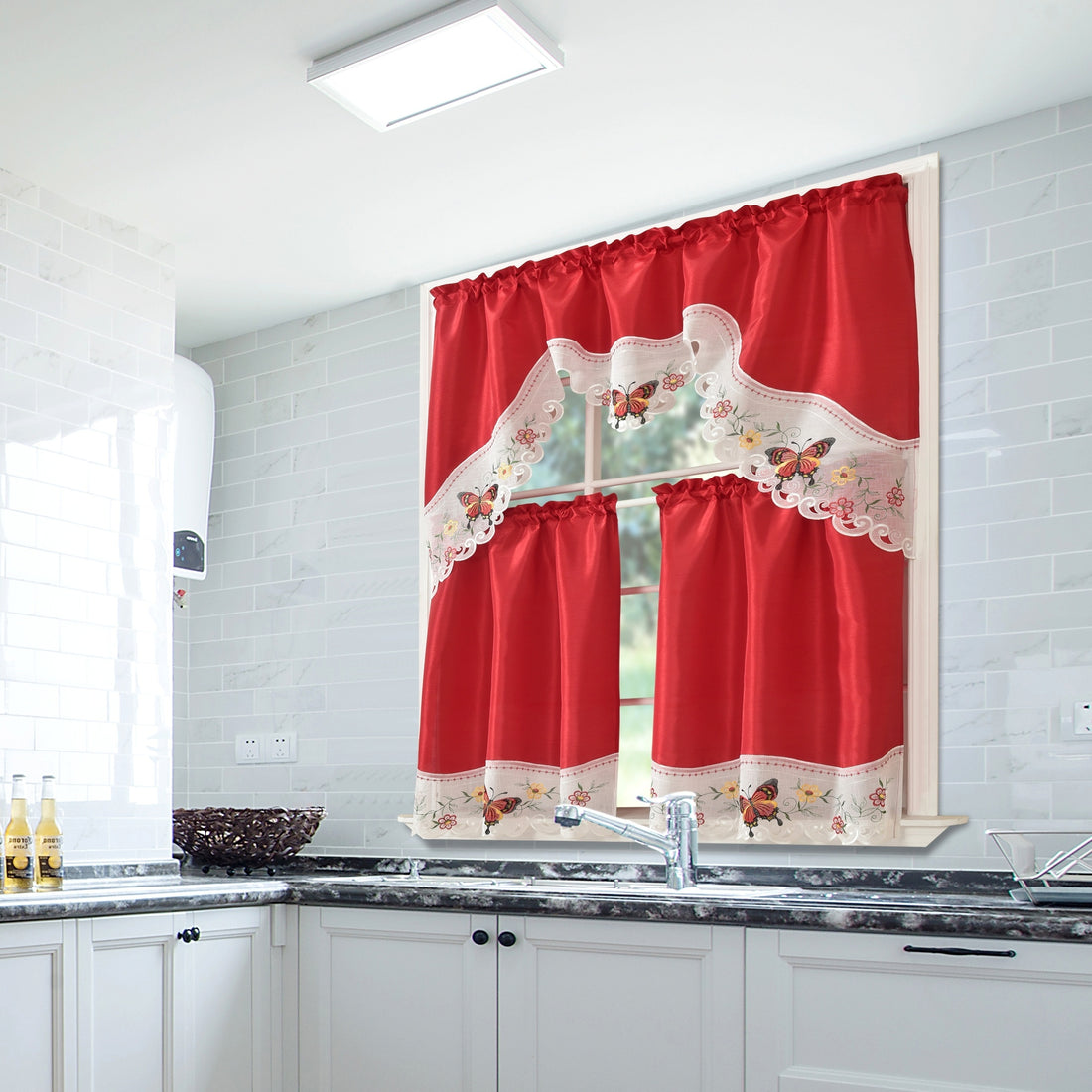 1 SET 3pcs/set Polyester plain fabric with beige floral lace, machine- pink blue gray burgundy butterfly pattern curtains, suitable for home decoration, bathroom, living room, bedroom, kitchen, outdoor decor, villa, wedding,