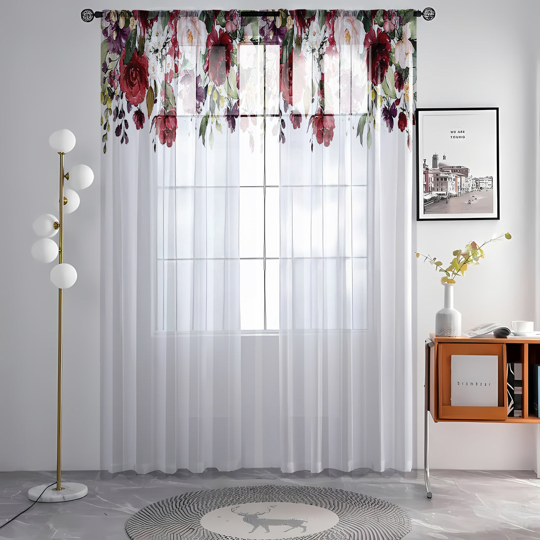 2pcs Rose Print Semi-sheer Curtains, Rod Pocket Decorative Window Drapes, Window Treatments For Bedroom Living Room, Home Decoration, Room Decoration