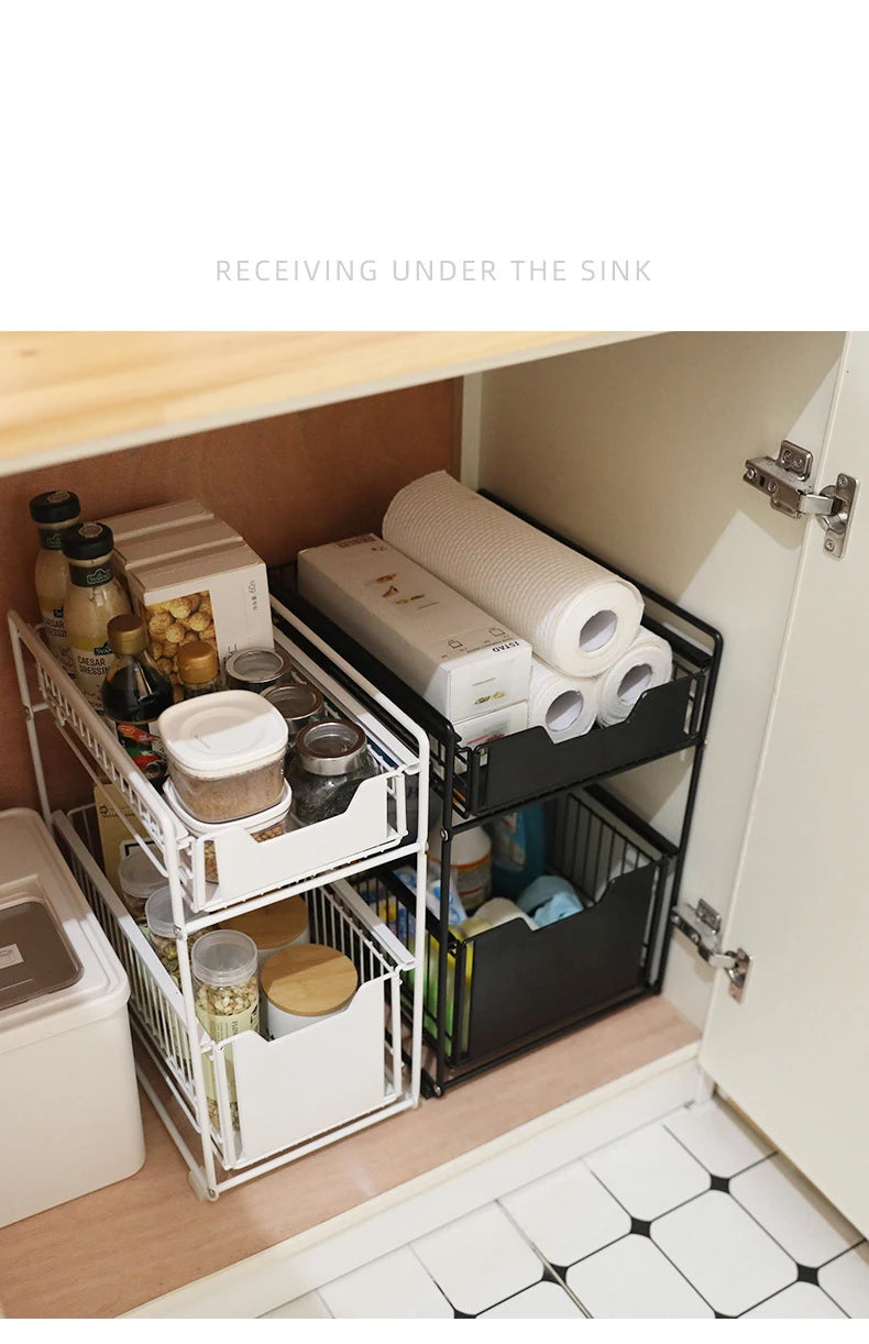 Under The Kitchen Sink Storage Rack Drawer Type Can Be Pushed and Pulled Under The Cabinet Telescopic Double Shelf