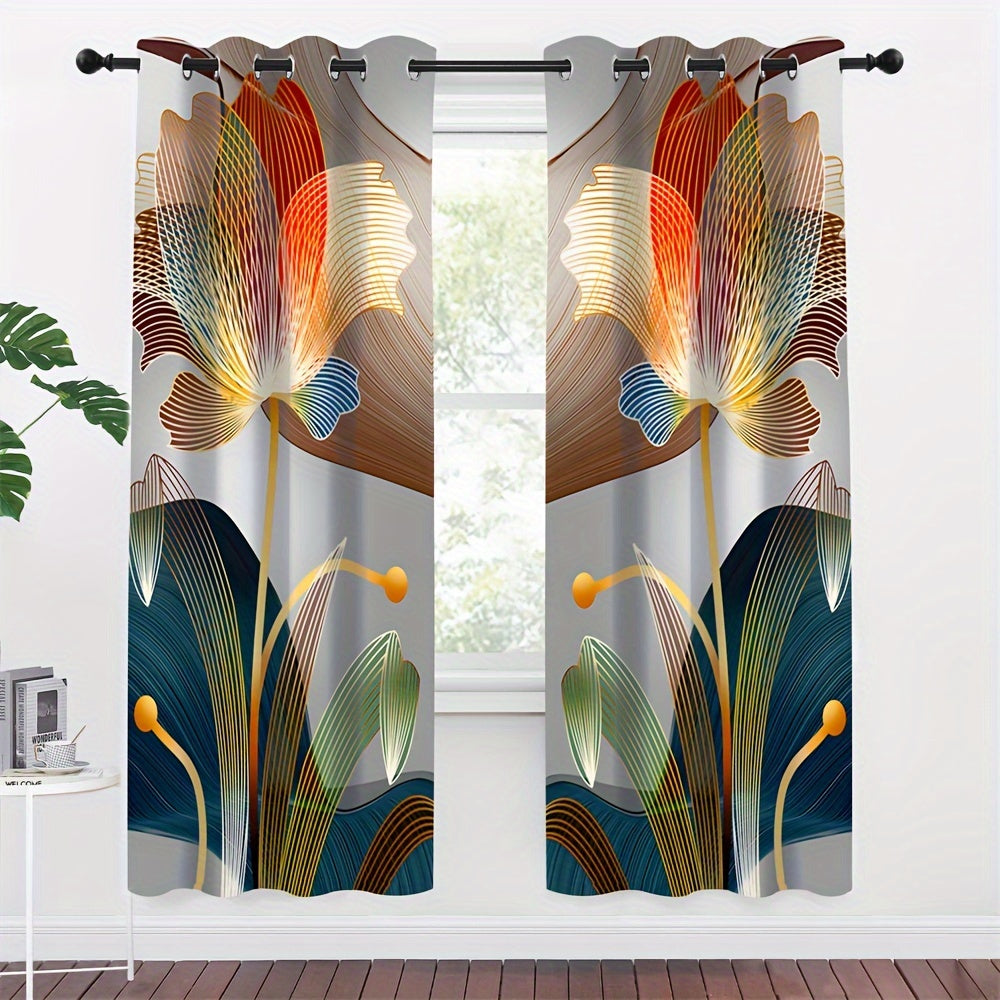 2pcs, Abstract Floral Golden Line Modern Floral Digital Printed Curtain Living Room Curtains, Grommet Top Curtains For Living Room Furniture Decoration Home Decor