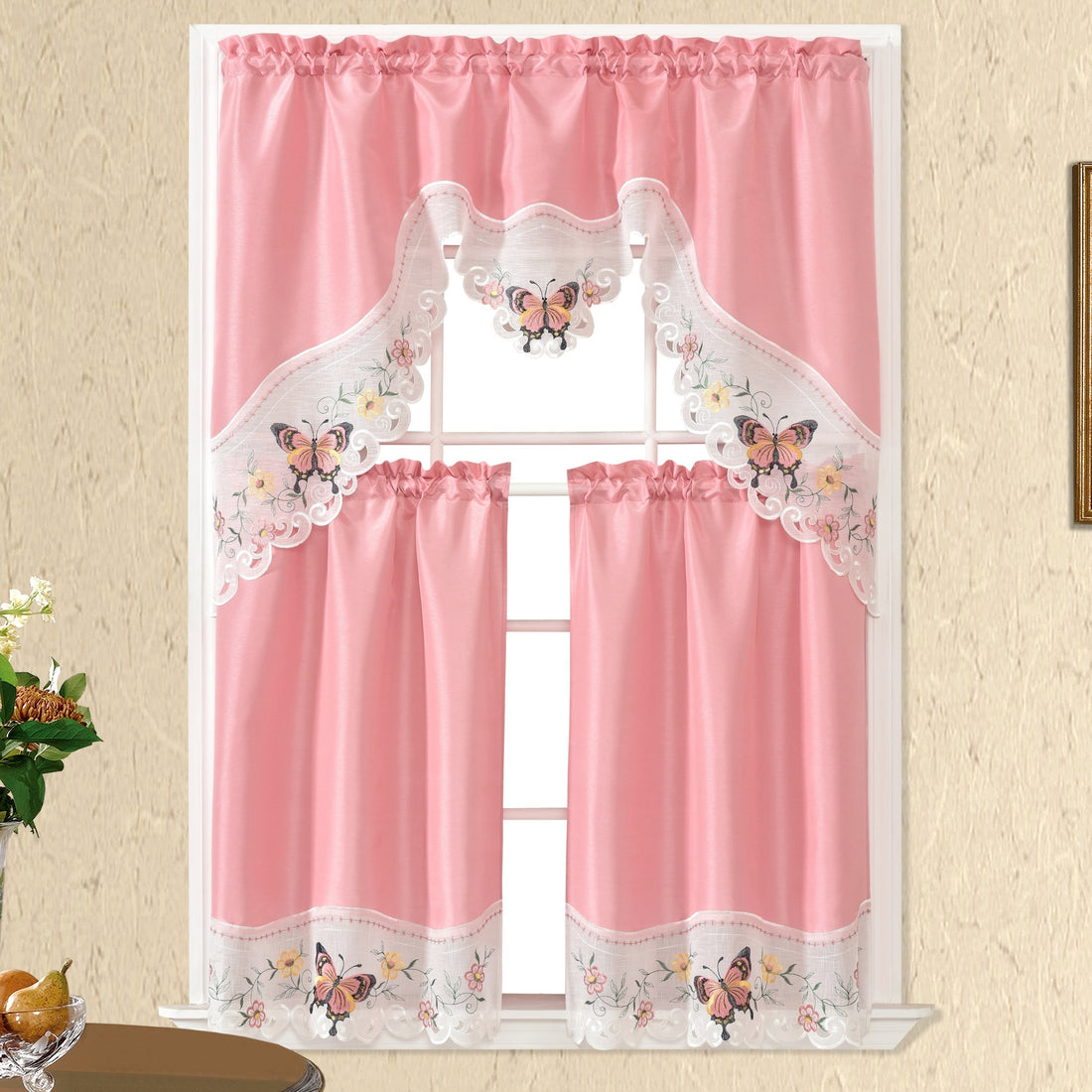 1 SET 3pcs/set Polyester plain fabric with beige floral lace, machine- pink blue gray burgundy butterfly pattern curtains, suitable for home decoration, bathroom, living room, bedroom, kitchen, outdoor decor, villa, wedding,