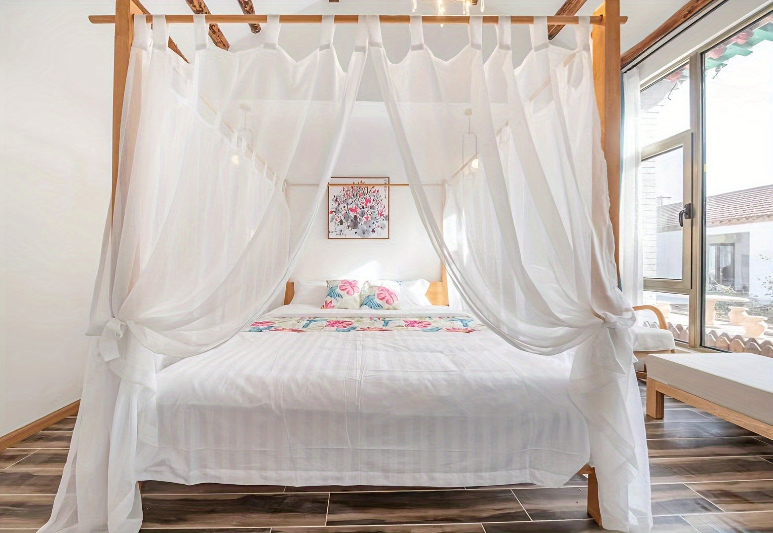 2pcs/6pcs/8pcs Canopy Bed Curtains, Semi-Transparent Curtains with a Blend of Artificial Linen Texture, Featuring Top Ties And Bedroom Ties, Suitable for Home And Outdoor Use, Excluding The Frame.