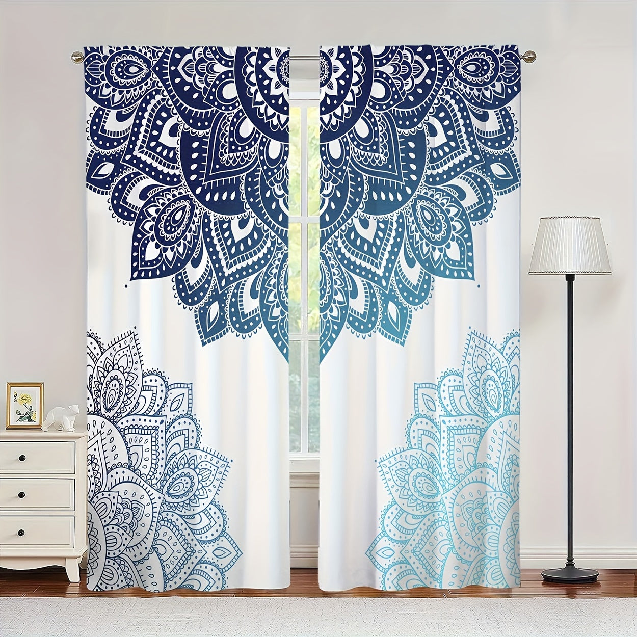2pcs Bohemian Blue Mandala Print Curtains, Rod Pocket Decorative Window Drapes, Window Treatments For Bedroom Living Room, Home Decoration, Room Decoration