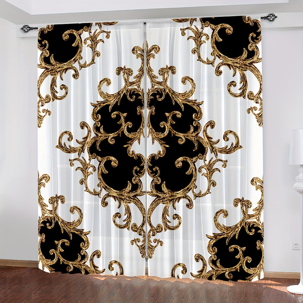 2pcs Bohemian Chic Black and White Floral Pattern Rod Pocket Window Curtains - Golden Modern Art Printed, Living Room Home Decor Essentials with Elegant Drapes and Easy Installation