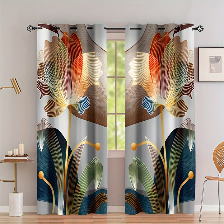 2pcs, Abstract Floral Golden Line Modern Floral Digital Printed Curtain Living Room Curtains, Grommet Top Curtains For Living Room Furniture Decoration Home Decor