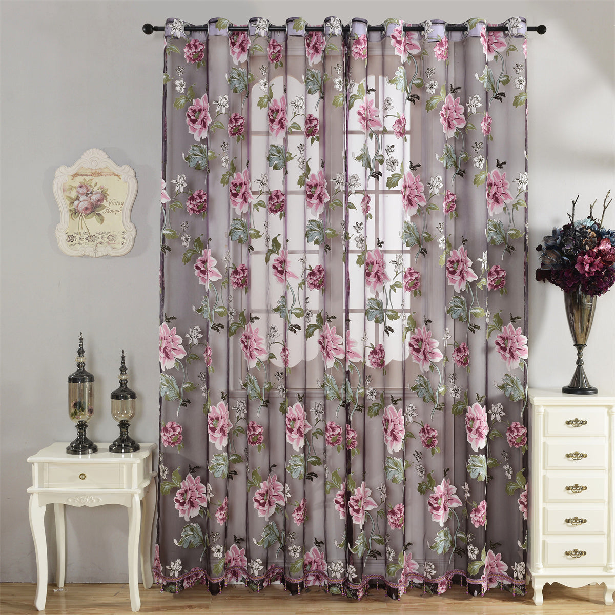 2pcs Classic Peony Floral Yarn Curtains, Living Room Bedroom Girl Room Tulle Eyelet Grommet Top Purple Pink Curtains Home Decor