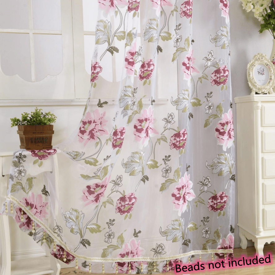 2pcs Classic Peony Floral Yarn Curtains, Living Room Bedroom Girl Room Tulle Eyelet Grommet Top Purple Pink Curtains Home Decor