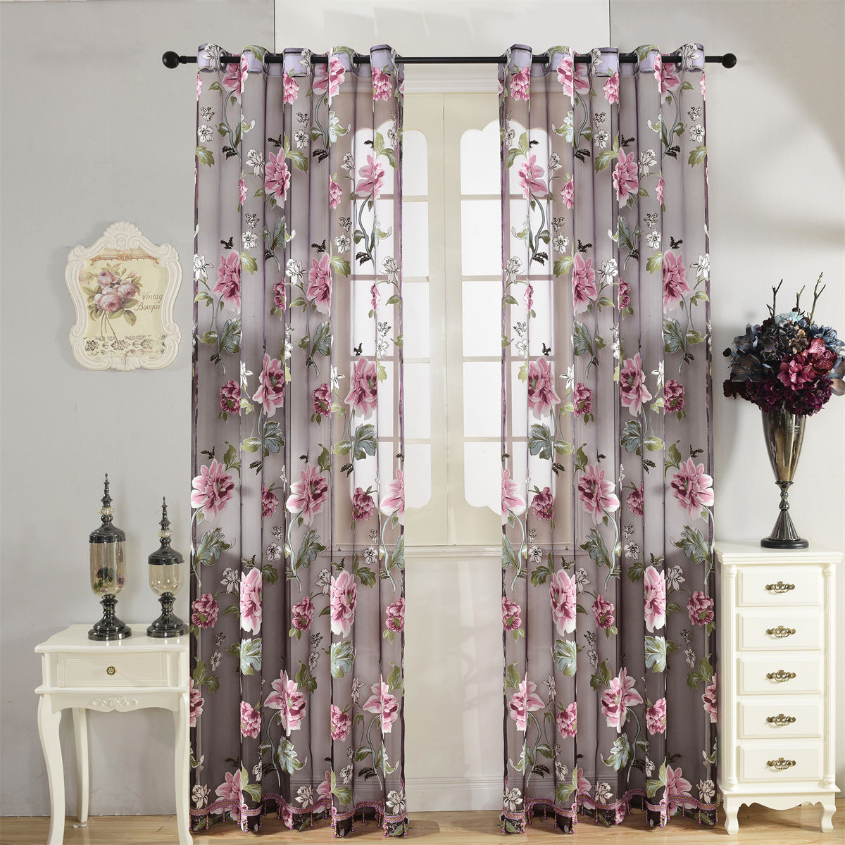2pcs Classic Peony Floral Yarn Curtains, Living Room Bedroom Girl Room Tulle Eyelet Grommet Top Purple Pink Curtains Home Decor