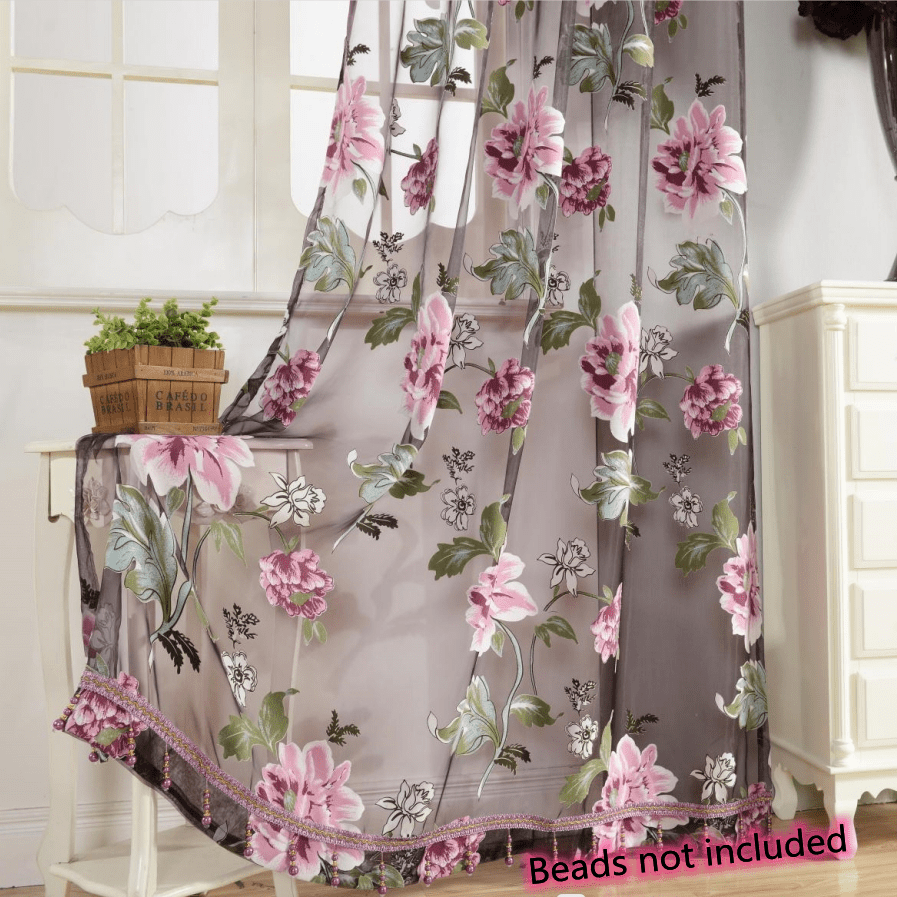 2pcs Classic Peony Floral Yarn Curtains, Living Room Bedroom Girl Room Tulle Eyelet Grommet Top Purple Pink Curtains Home Decor