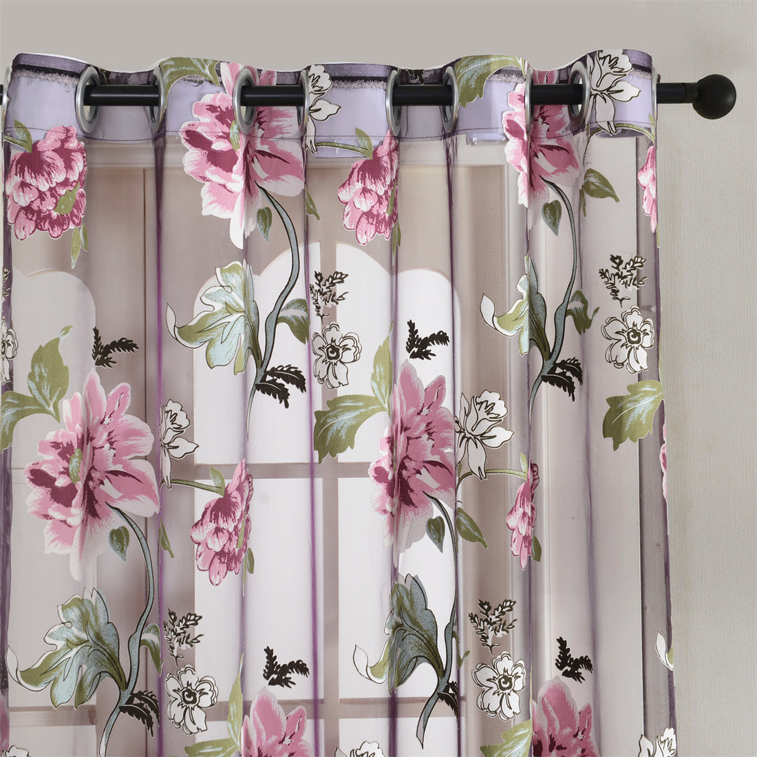 2pcs Classic Peony Floral Yarn Curtains, Living Room Bedroom Girl Room Tulle Eyelet Grommet Top Purple Pink Curtains Home Decor