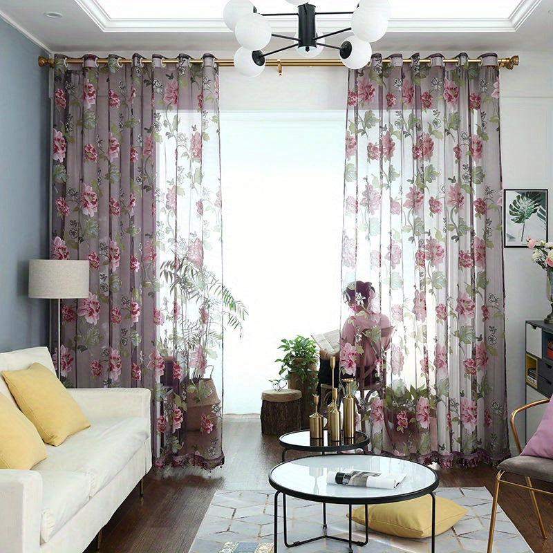 2pcs Classic Peony Floral Yarn Curtains, Living Room Bedroom Girl Room Tulle Eyelet Grommet Top Purple Pink Curtains Home Decor