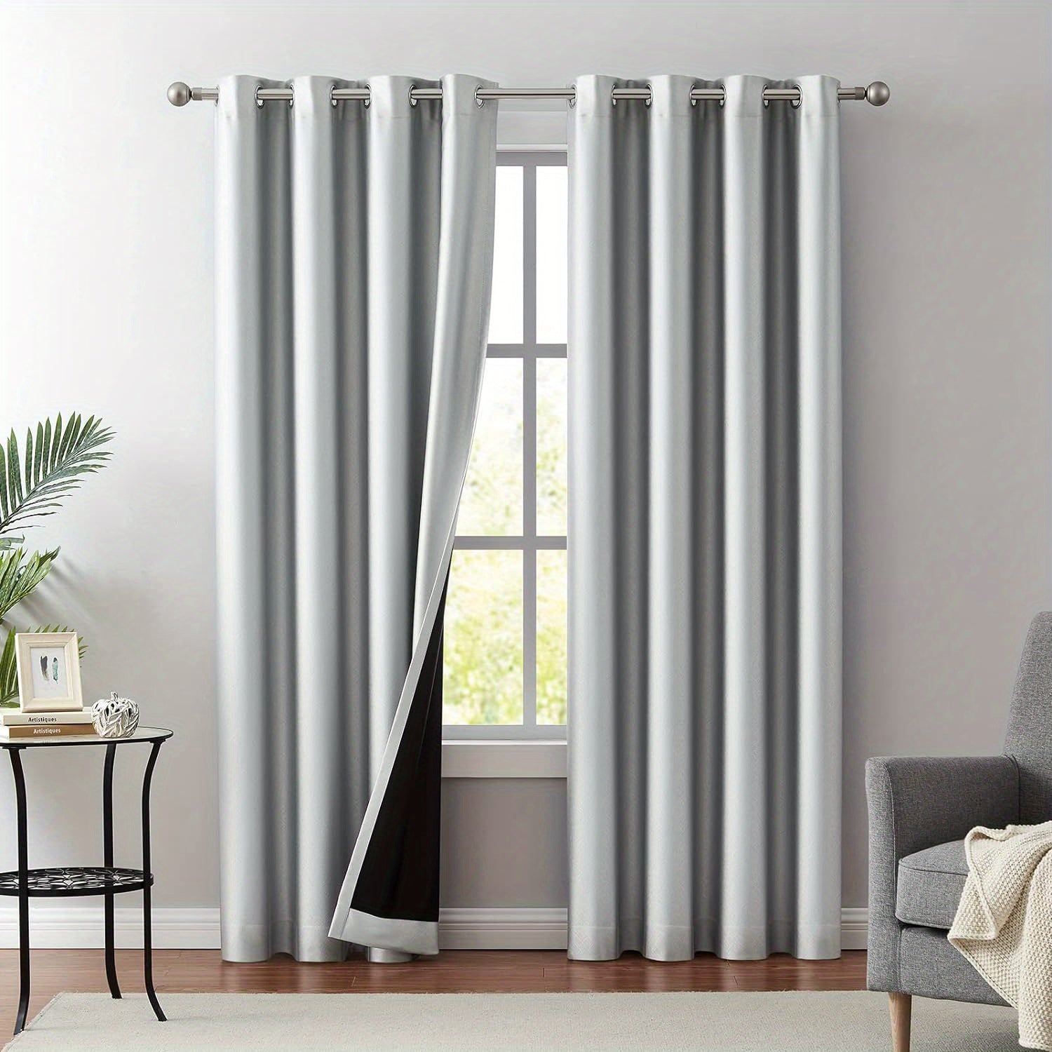 2pcs Silvery Gray Blackout Curtains for Bedroom, Thermal Insulated Energy Saving Grommet Embossed Satin Drapes with Black Lining