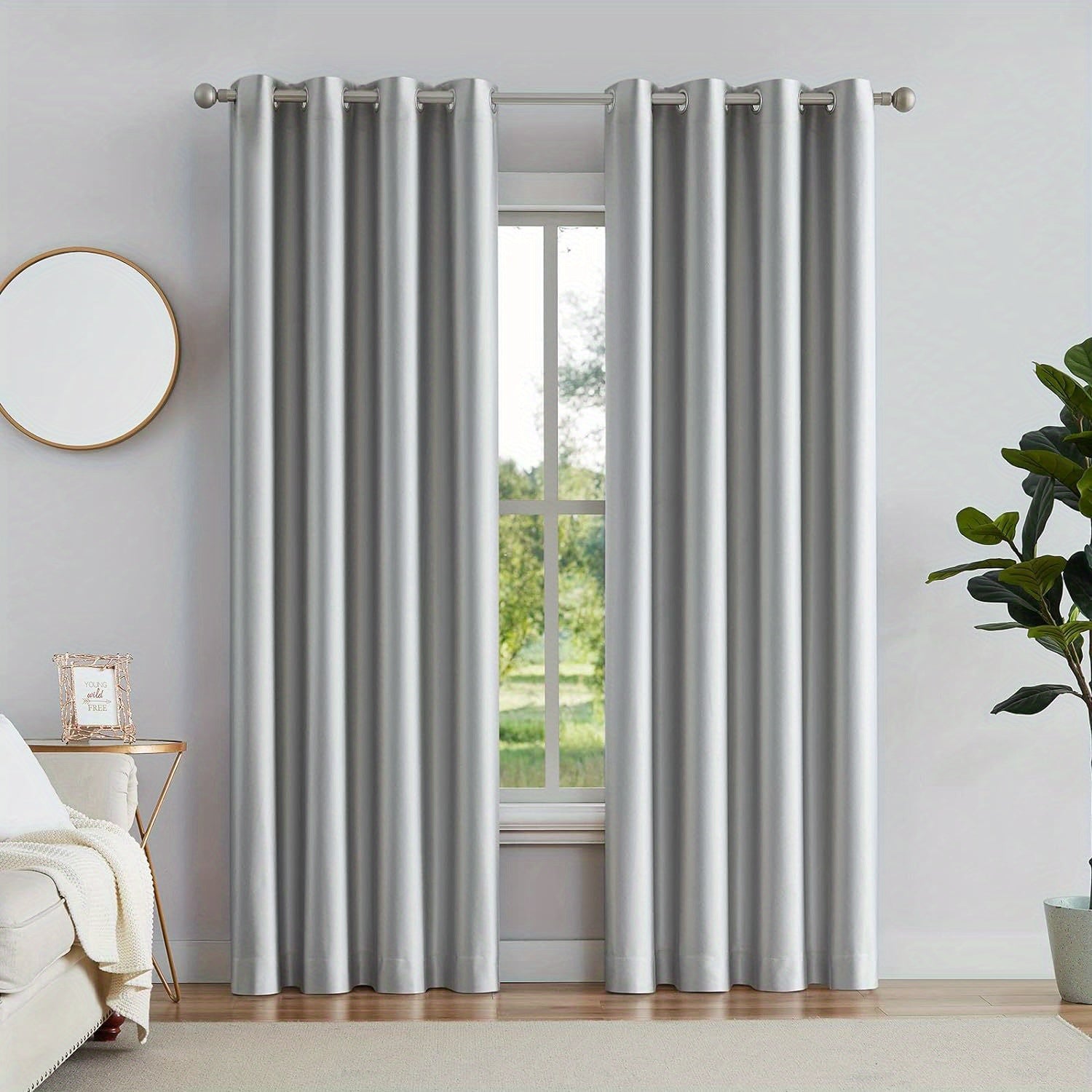 2pcs Silvery Gray Blackout Curtains for Bedroom, Thermal Insulated Energy Saving Grommet Embossed Satin Drapes with Black Lining