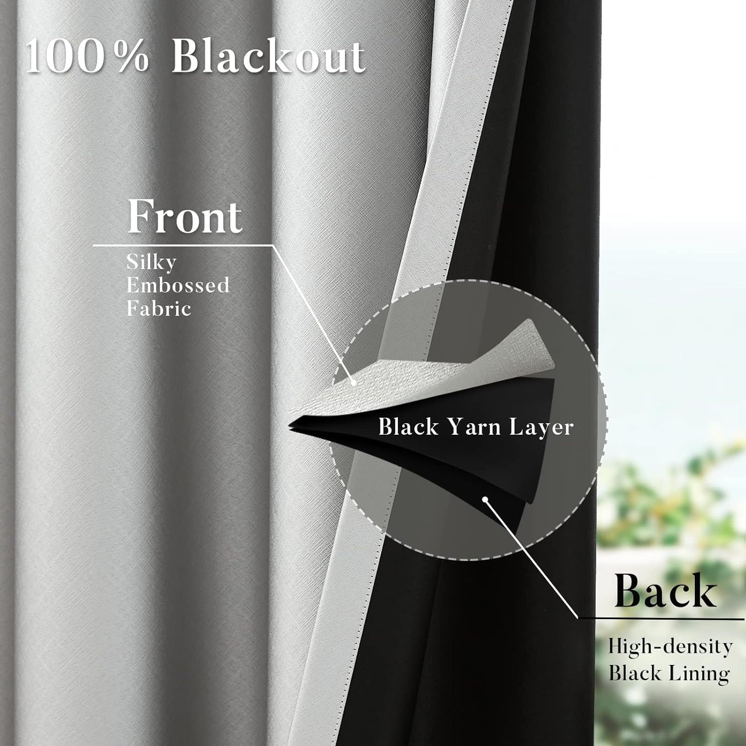 2pcs Silvery Gray Blackout Curtains for Bedroom, Thermal Insulated Energy Saving Grommet Embossed Satin Drapes with Black Lining