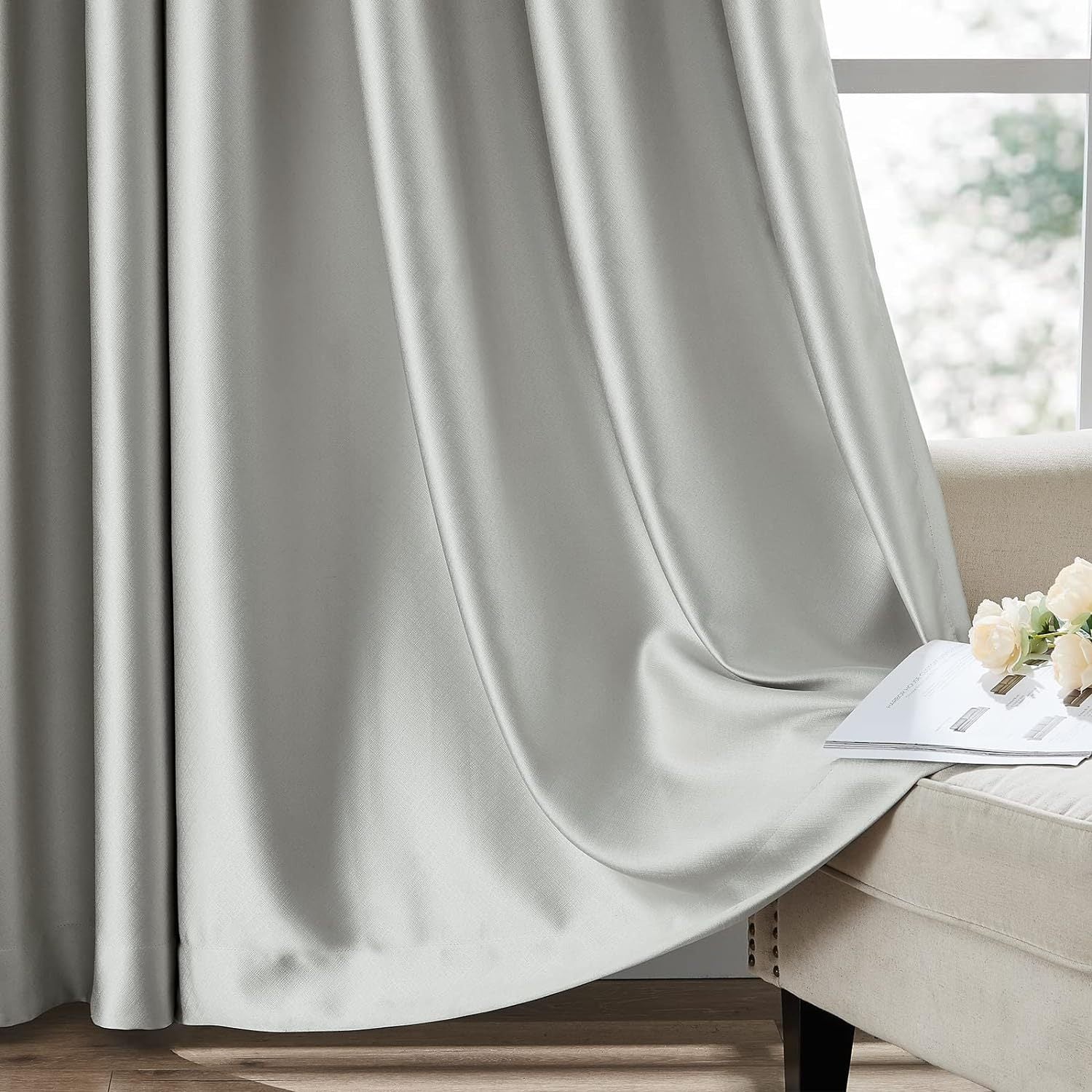 2pcs Silvery Gray Blackout Curtains for Bedroom, Thermal Insulated Energy Saving Grommet Embossed Satin Drapes with Black Lining