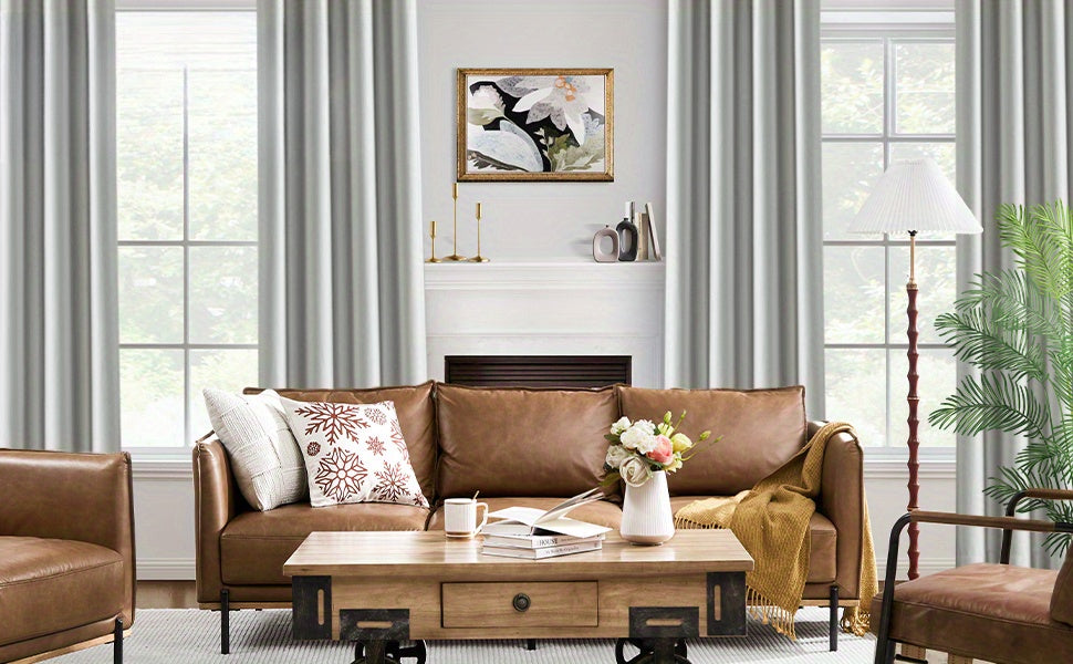 2pcs Silvery Gray Blackout Curtains for Bedroom, Thermal Insulated Energy Saving Grommet Embossed Satin Drapes with Black Lining