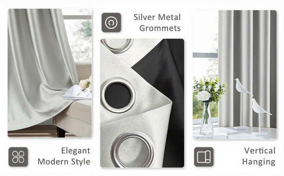 2pcs Silvery Gray Blackout Curtains for Bedroom, Thermal Insulated Energy Saving Grommet Embossed Satin Drapes with Black Lining