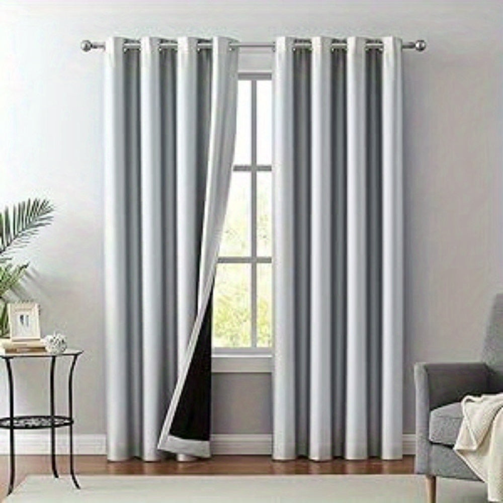 2pcs Silvery Gray Blackout Curtains for Bedroom, Thermal Insulated Energy Saving Grommet Embossed Satin Drapes with Black Lining