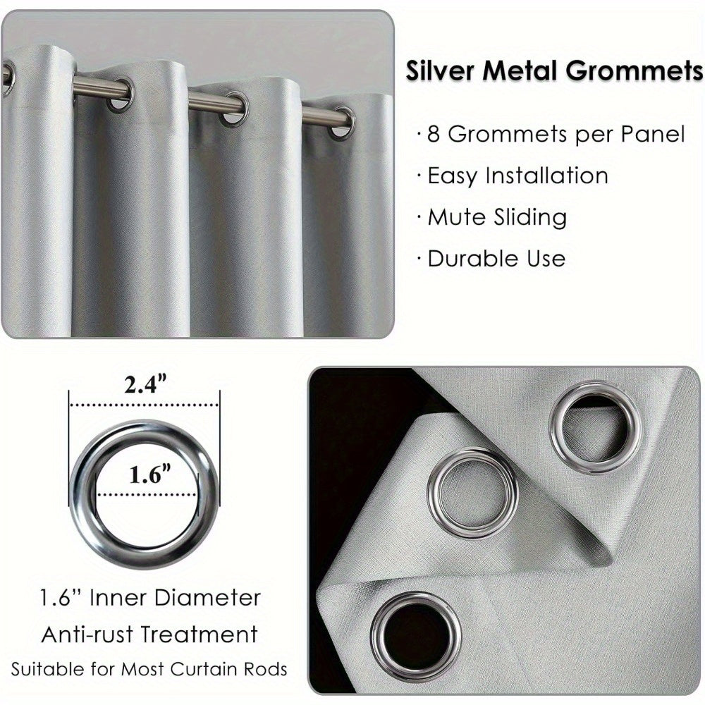 2pcs Silvery Gray Blackout Curtains for Bedroom, Thermal Insulated Energy Saving Grommet Embossed Satin Drapes with Black Lining