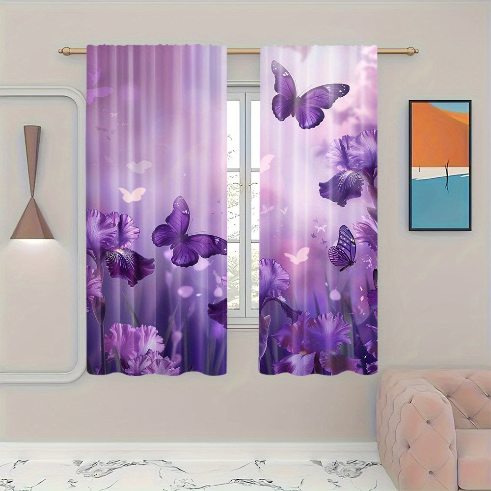 2 Panels of Blackout Curtains - Heat Insulating, Privacy Enhancing Purple Butterfly Floral Print Woven Polyester Drapes with Rod Pocket for Bedroom & Living Room Decor, Machine Washable, Art Deco Style