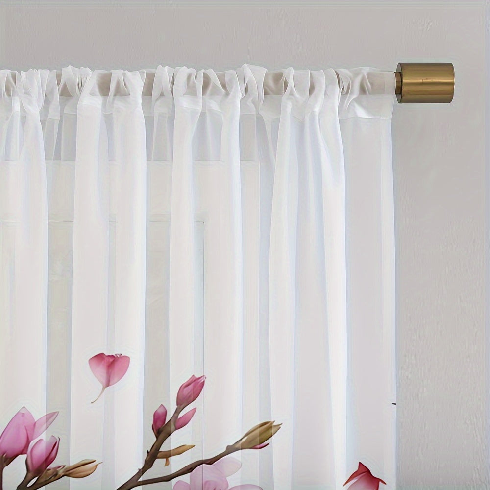 2pcs Plum Blossom & Bird Print Semi-sheer Curtains, Rod Pocket Decorative Window Curtains, Window Treatments For Bedroom Living Room, Home Decoration, Room Decoration