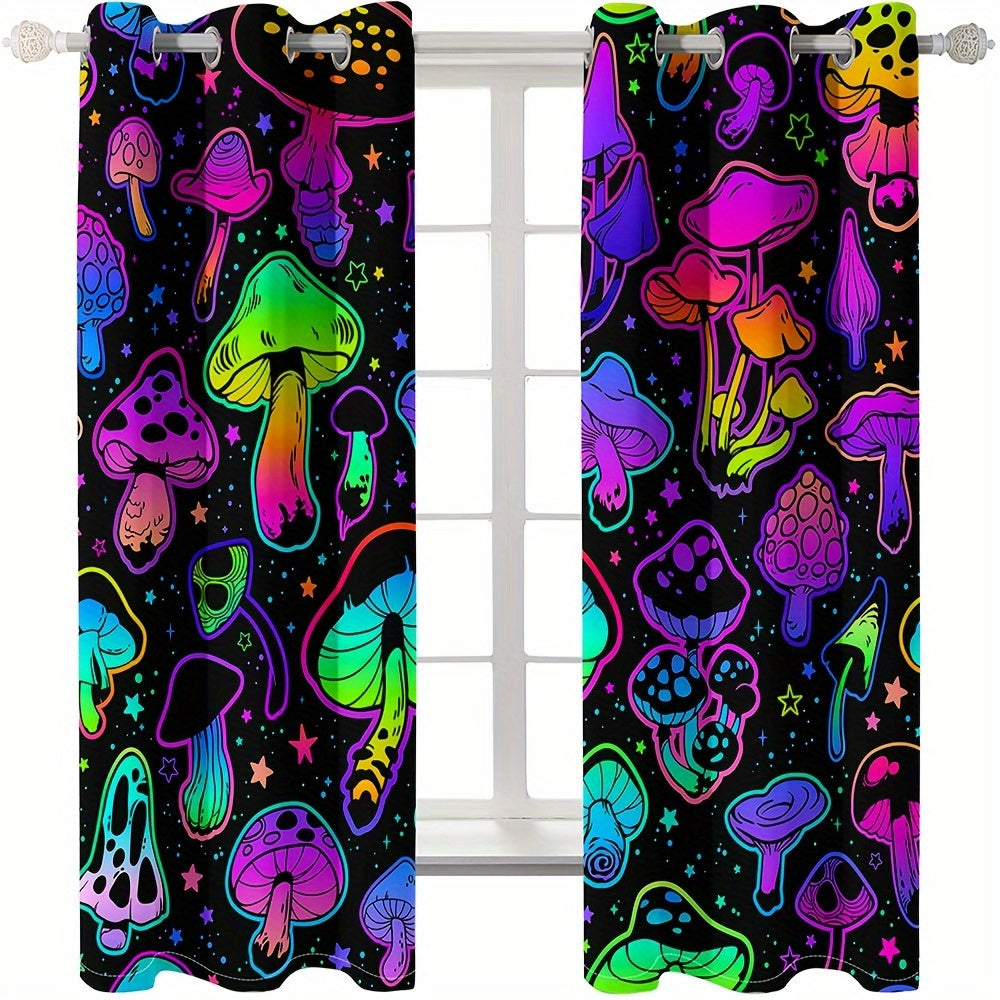 2pcs UV Neon Mushrooms Digital Printed Grommet Top Curtains for Living Room Office Home Decoration
