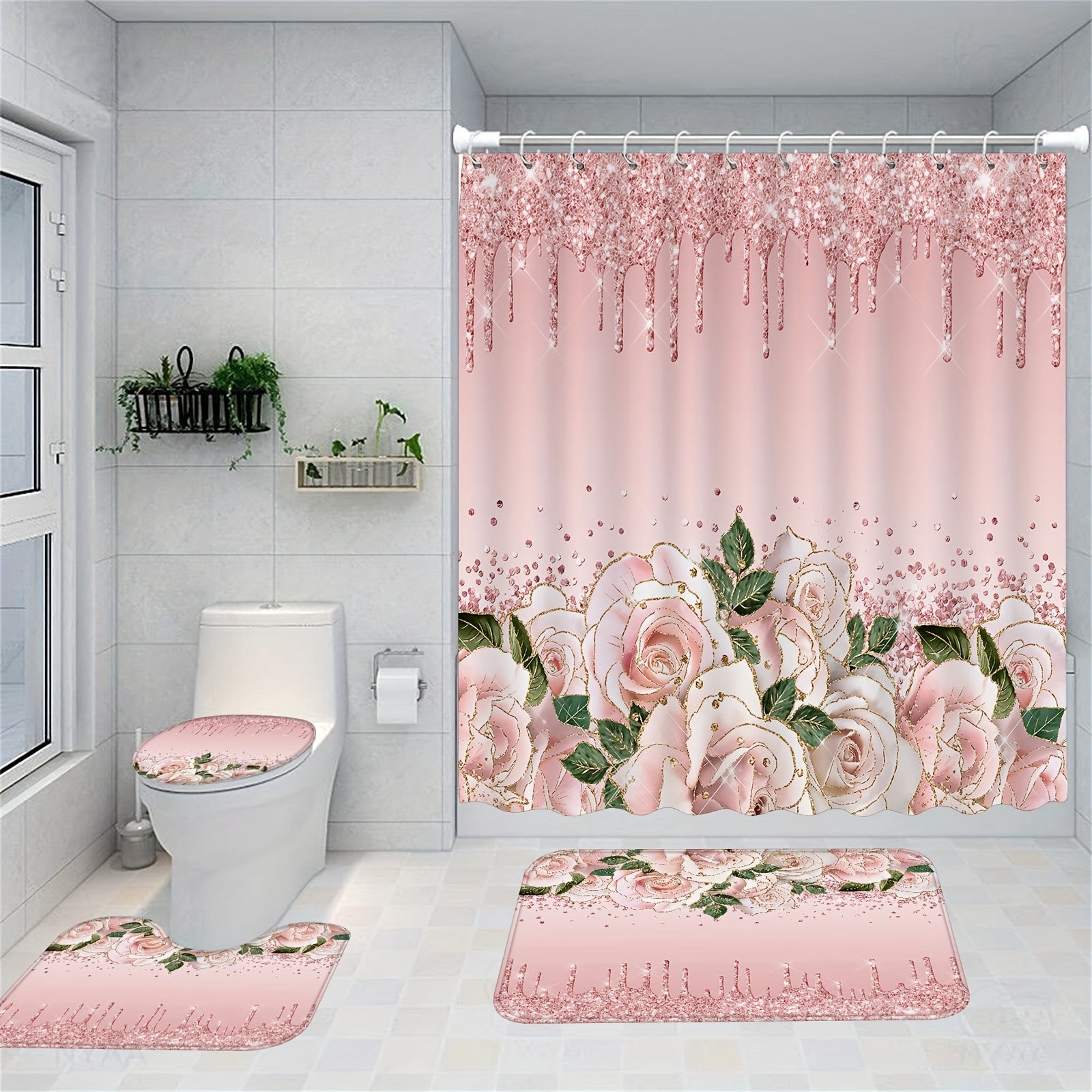 1/4pcs Pink Elegant Rose Shower Curtain Set, Glitter Shower Curtains For Bathroom, Waterproof Shower Curtain, Bathroom Rug, Toilet U-Shape Mat, Toilet Lid Cover, Bathroom Decor With 12 Hooks