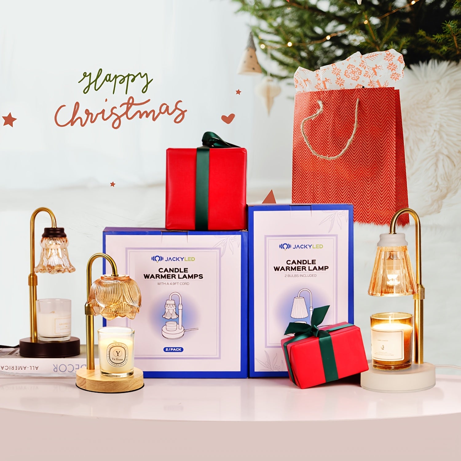 JACKYLED 2-Pack Candle Warmer Lamps Height Adjustable Fragrance Candle Warming Lamps with 4 Bulbs 35W, 2H/4H/8H Timer and 4-Level Dimmer, Wax Warmer Heater Lamp for Home Decor, Housewarming Gift