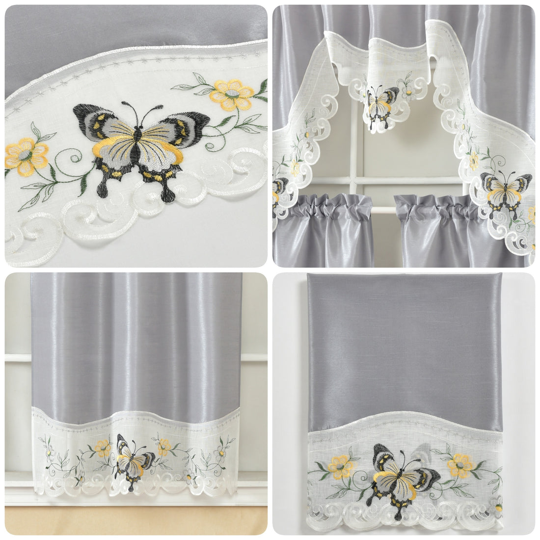1 SET 3pcs/set Polyester plain fabric with beige floral lace, machine- pink blue gray burgundy butterfly pattern curtains, suitable for home decoration, bathroom, living room, bedroom, kitchen, outdoor decor, villa, wedding,