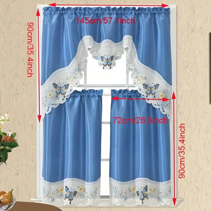 1 SET 3pcs/set Polyester plain fabric with beige floral lace, machine- pink blue gray burgundy butterfly pattern curtains, suitable for home decoration, bathroom, living room, bedroom, kitchen, outdoor decor, villa, wedding,