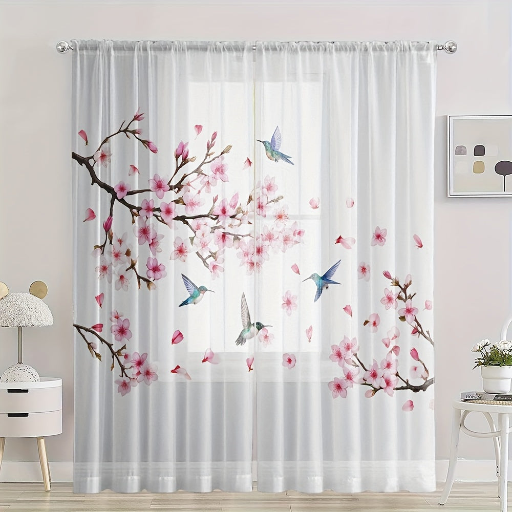 2pcs Plum Blossom & Bird Print Semi-sheer Curtains, Rod Pocket Decorative Window Curtains, Window Treatments For Bedroom Living Room, Home Decoration, Room Decoration