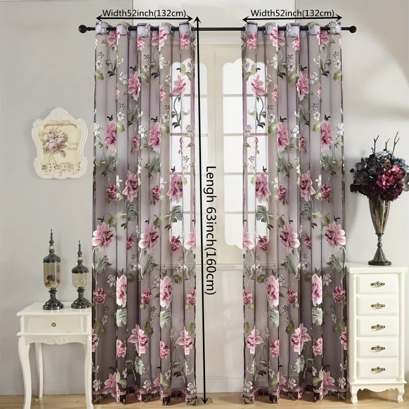 2pcs Classic Peony Floral Yarn Curtains, Living Room Bedroom Girl Room Tulle Eyelet Grommet Top Purple Pink Curtains Home Decor
