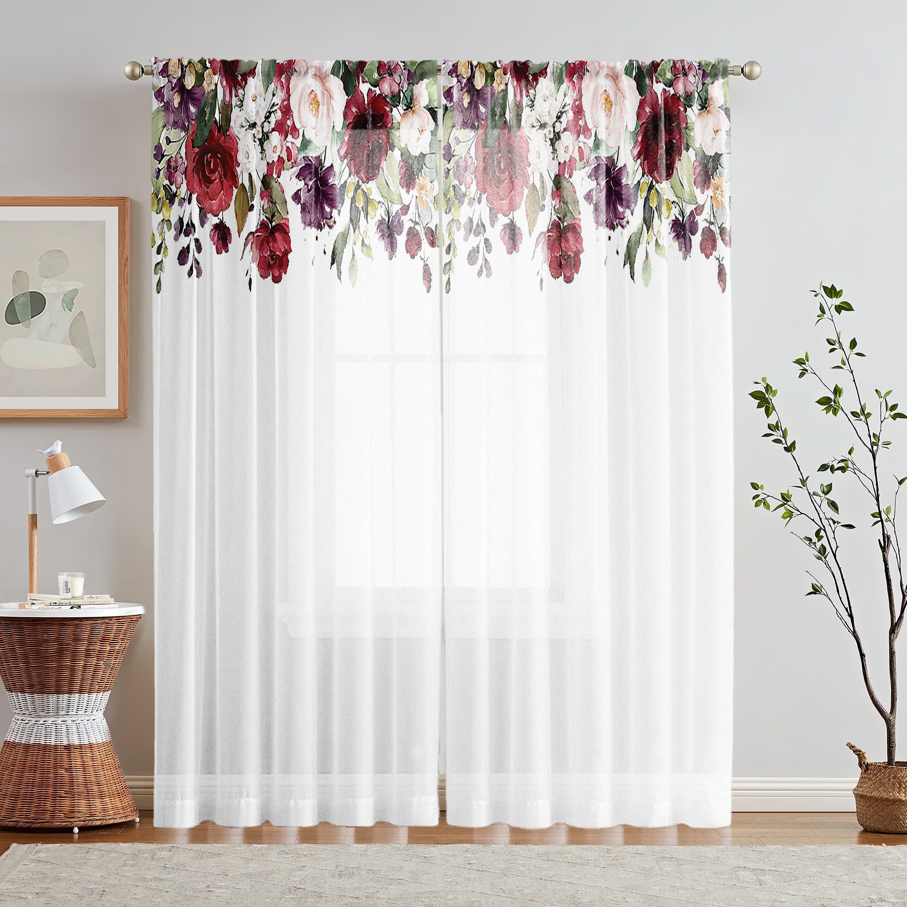 2pcs Rose Print Semi-sheer Curtains, Rod Pocket Decorative Window Drapes, Window Treatments For Bedroom Living Room, Home Decoration, Room Decoration