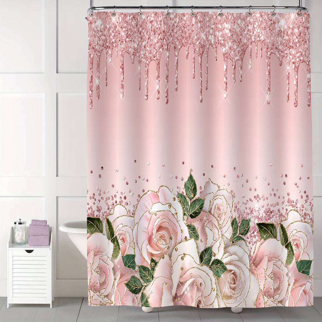 1/4pcs Pink Elegant Rose Shower Curtain Set, Glitter Shower Curtains For Bathroom, Waterproof Shower Curtain, Bathroom Rug, Toilet U-Shape Mat, Toilet Lid Cover, Bathroom Decor With 12 Hooks