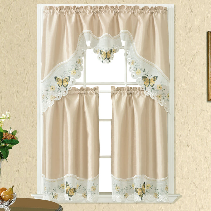 1 SET 3pcs/set Polyester plain fabric with beige floral lace, machine- pink blue gray burgundy butterfly pattern curtains, suitable for home decoration, bathroom, living room, bedroom, kitchen, outdoor decor, villa, wedding,