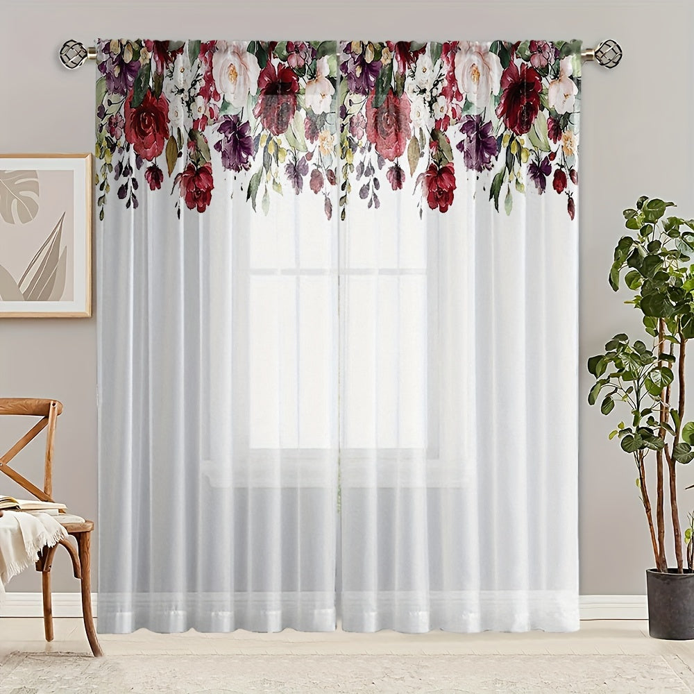2pcs Rose Print Semi-sheer Curtains, Rod Pocket Decorative Window Drapes, Window Treatments For Bedroom Living Room, Home Decoration, Room Decoration