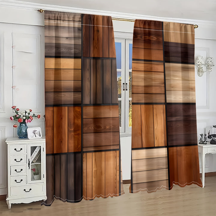 2pcs Set Vintage Wood Grain & Watercolor Floral Curtains - Rod Pocket, Semi-Transparent Privacy Drapes for Living Room and Bedroom Decor