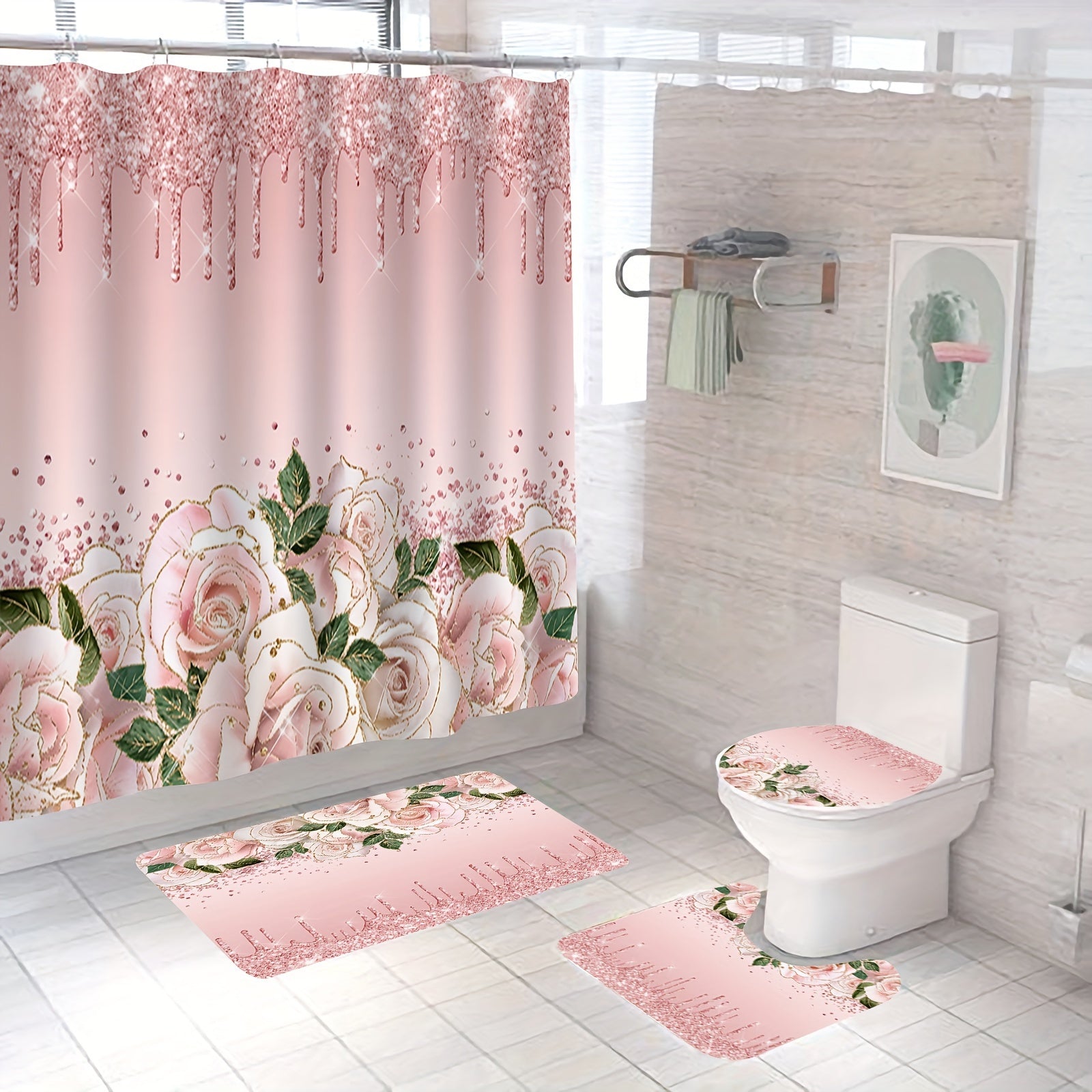 1/4pcs Pink Elegant Rose Shower Curtain Set, Glitter Shower Curtains For Bathroom, Waterproof Shower Curtain, Bathroom Rug, Toilet U-Shape Mat, Toilet Lid Cover, Bathroom Decor With 12 Hooks