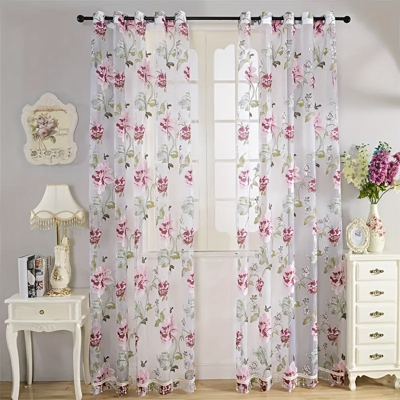 2pcs Classic Peony Floral Yarn Curtains, Living Room Bedroom Girl Room Tulle Eyelet Grommet Top Purple Pink Curtains Home Decor