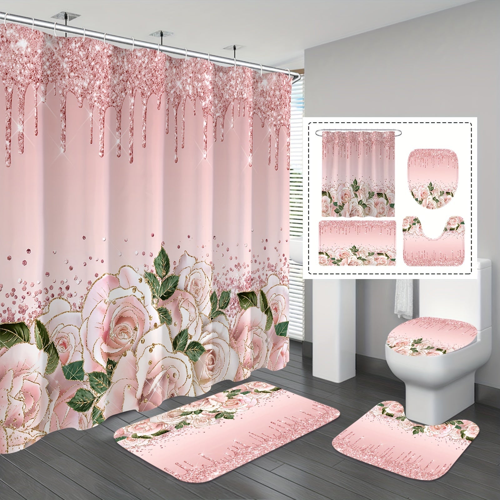 1/4pcs Pink Elegant Rose Shower Curtain Set, Glitter Shower Curtains For Bathroom, Waterproof Shower Curtain, Bathroom Rug, Toilet U-Shape Mat, Toilet Lid Cover, Bathroom Decor With 12 Hooks