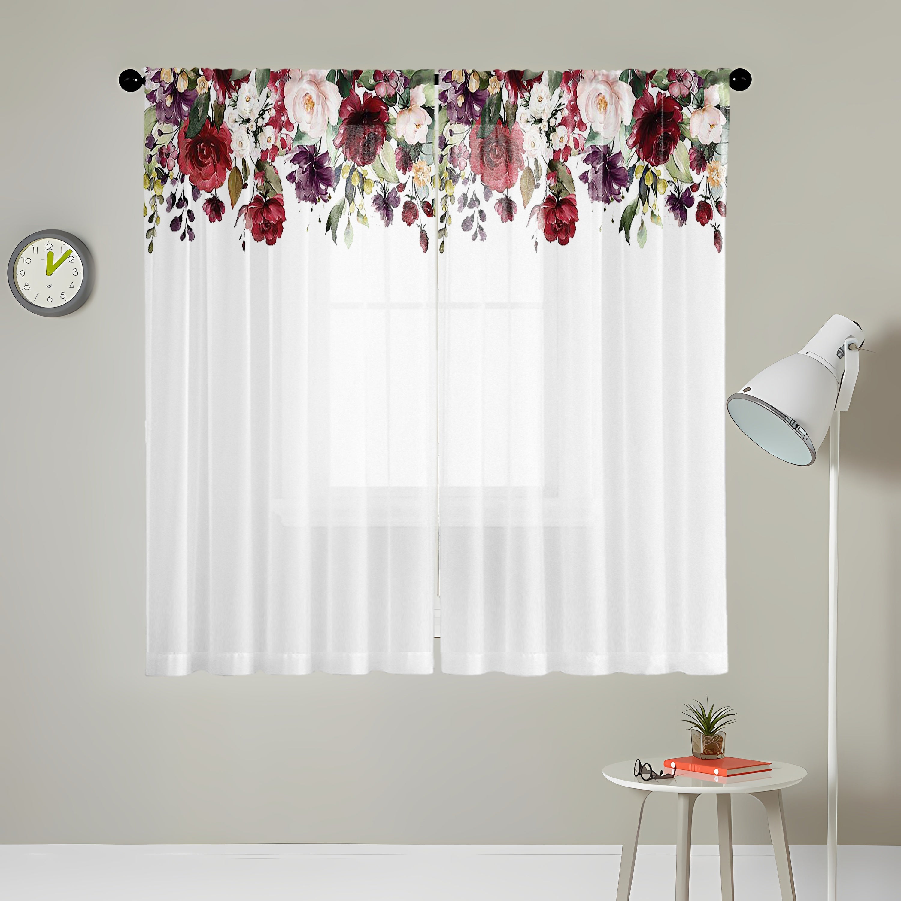 2pcs Rose Print Semi-sheer Curtains, Rod Pocket Decorative Window Drapes, Window Treatments For Bedroom Living Room, Home Decoration, Room Decoration