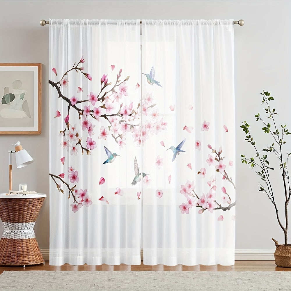 2pcs Plum Blossom & Bird Print Semi-sheer Curtains, Rod Pocket Decorative Window Curtains, Window Treatments For Bedroom Living Room, Home Decoration, Room Decoration
