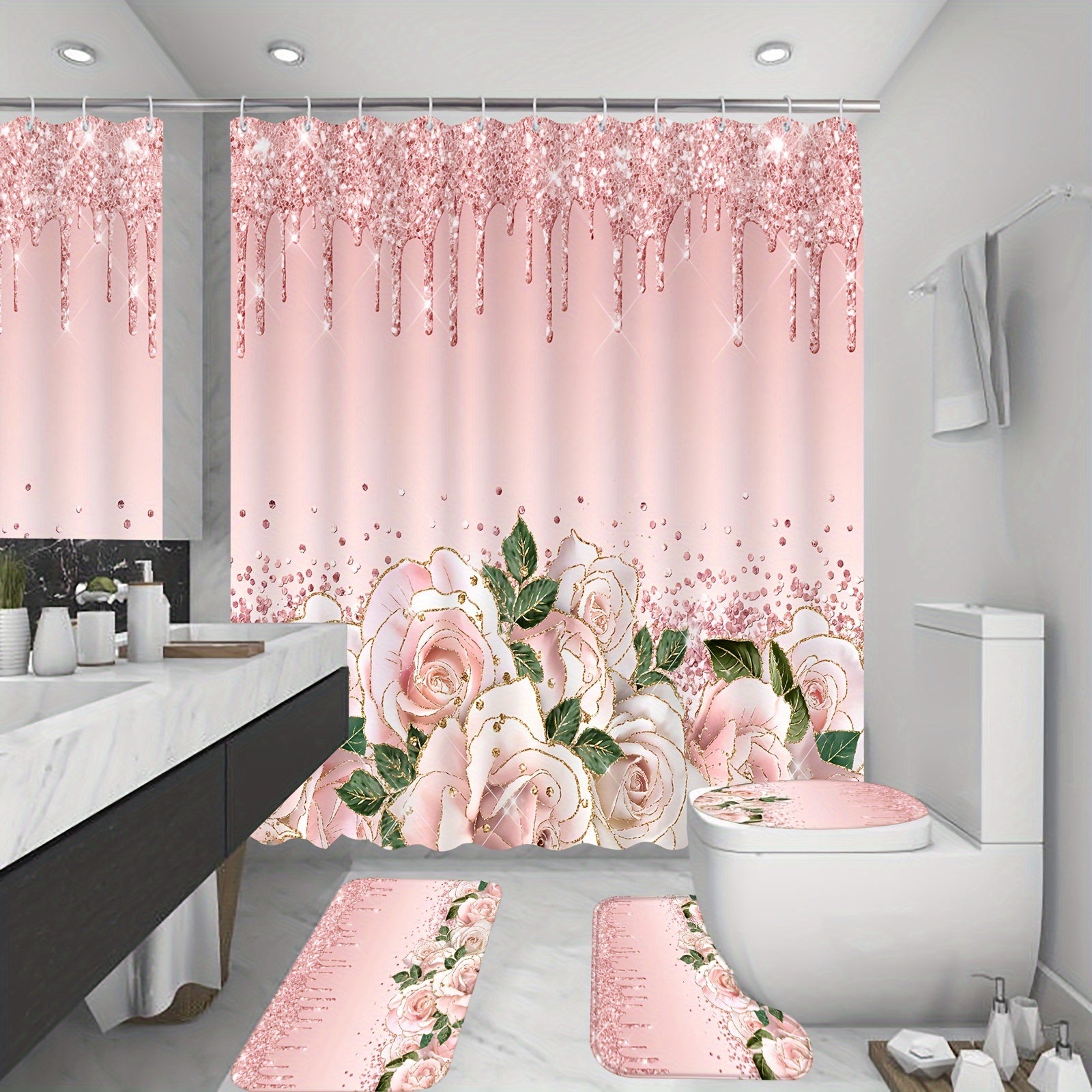 1/4pcs Pink Elegant Rose Shower Curtain Set, Glitter Shower Curtains For Bathroom, Waterproof Shower Curtain, Bathroom Rug, Toilet U-Shape Mat, Toilet Lid Cover, Bathroom Decor With 12 Hooks