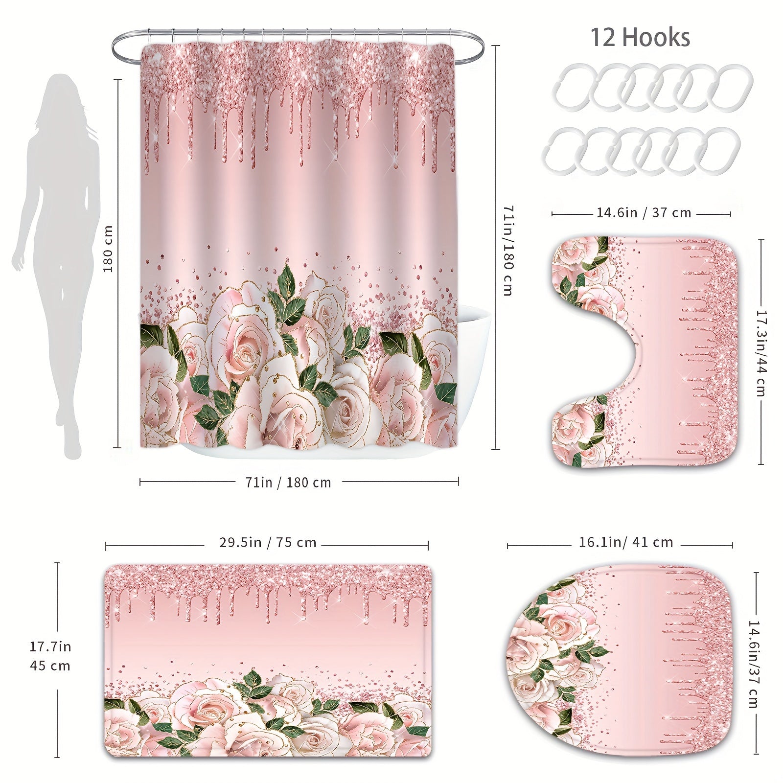 1/4pcs Pink Elegant Rose Shower Curtain Set, Glitter Shower Curtains For Bathroom, Waterproof Shower Curtain, Bathroom Rug, Toilet U-Shape Mat, Toilet Lid Cover, Bathroom Decor With 12 Hooks