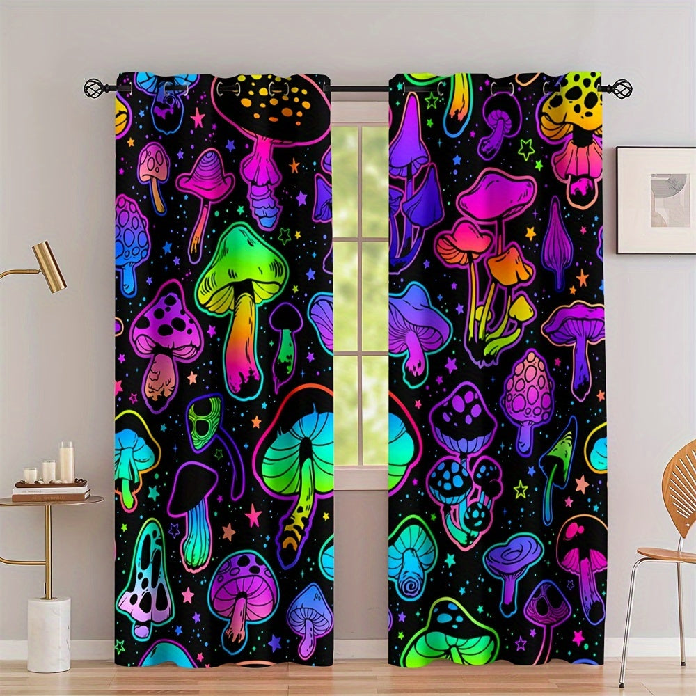 2pcs UV Neon Mushrooms Digital Printed Grommet Top Curtains for Living Room Office Home Decoration