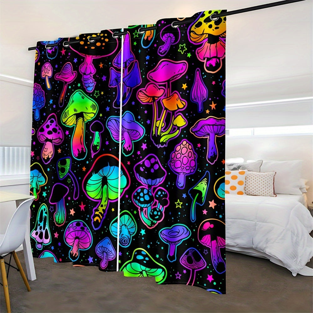 2pcs UV Neon Mushrooms Digital Printed Grommet Top Curtains for Living Room Office Home Decoration