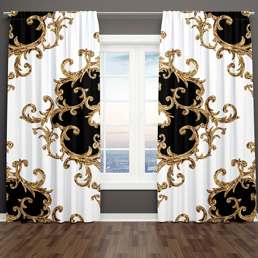 2pcs Bohemian Chic Black and White Floral Pattern Rod Pocket Window Curtains - Golden Modern Art Printed, Living Room Home Decor Essentials with Elegant Drapes and Easy Installation